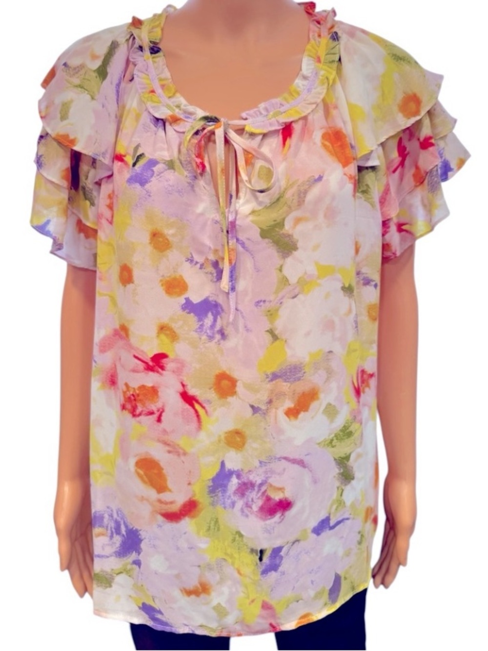 CYNTHIA ROWLEY Colorful Floral Ruffle Short Sleeve Front Tie
Blouse NWT 2X